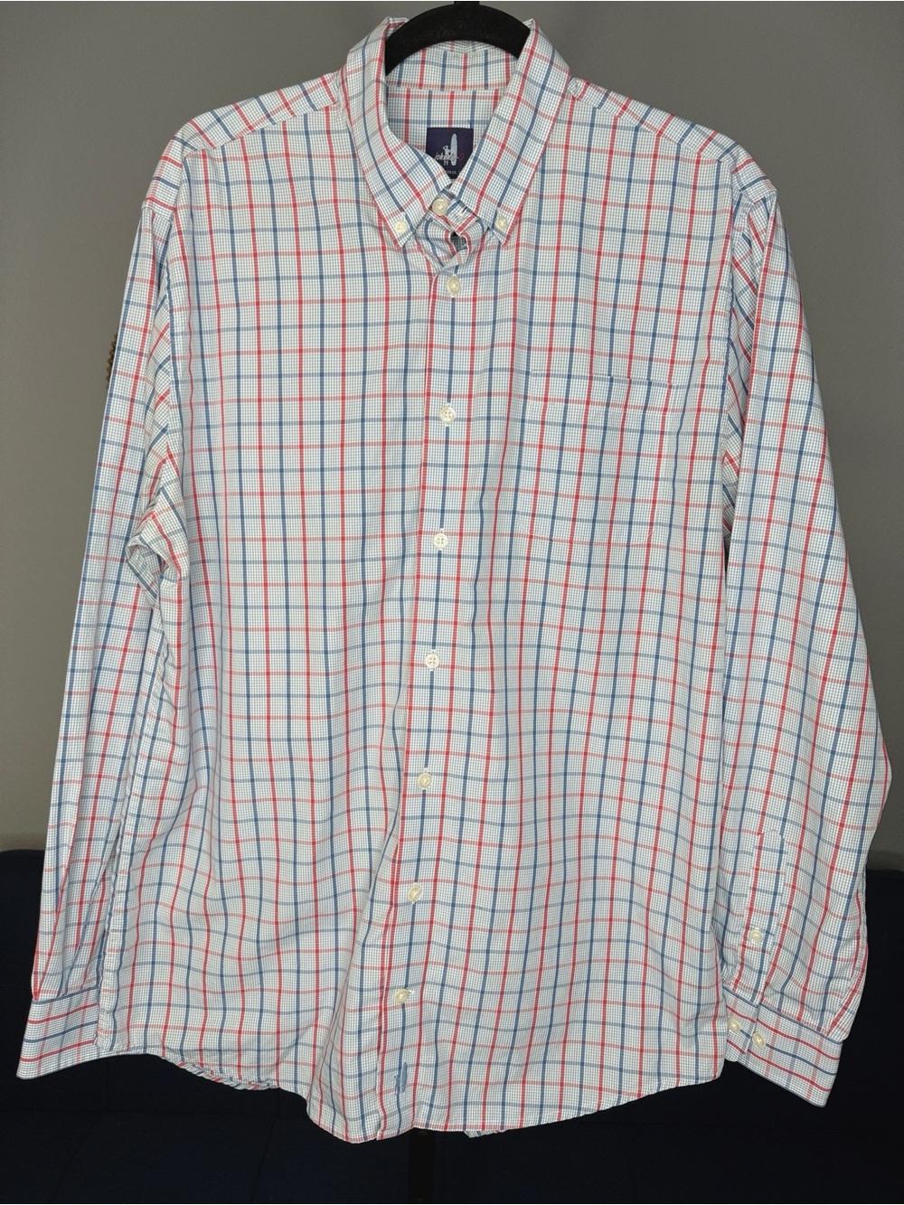 Johnnie-O Men's Cotton Button Down Long Sleeve Red White Blue Windowpane Large